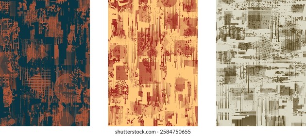 Background with glitch distorted grunge textures . grunge background texture with halftone dots, glitched shapes, textures and lines .Screen print vector background with grunge textured surface.