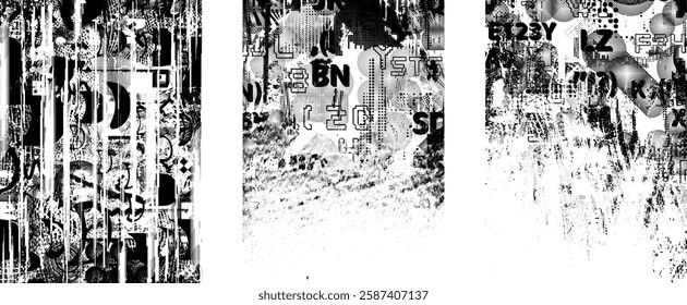 Background with glitch distorted grunge textures . grunge background texture with halftone dots, glitched shapes, textures and lines .Screen print vector background with grunge textured surface.