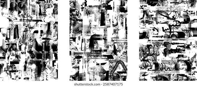 Background with glitch distorted grunge textures . grunge background texture with halftone dots, glitched shapes, textures and lines .Screen print vector background with grunge textured surface.