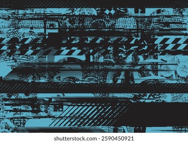 Background with glitch distorted grunge textures . grunge background texture with halftone dots, glitched shapes, textures and lines .Screen print vector background with grunge textured surface.