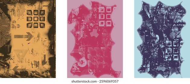 Background with glitch distorted grunge textures . grunge background texture with halftone dots, glitched shapes, textures and lines .Screen print vector background with grunge textured surface.

