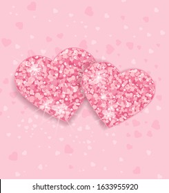 Background with glittering hearts vector illustration. Pink romantic background