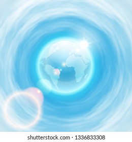 Background with globe and brigh sun with lens flare