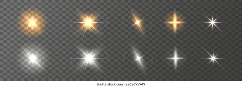 Fondo con luces brillantes. Conjunto de resúmenes brillantes, estrellas, bengalas. Efecto solar de flash dorado sobre fondo transparente. Colección de las secuelas de oro y plata. Ilustración vectorial.