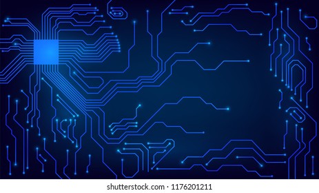 Background with glowing microcircuits and a processor, abstract blue technological background, motherboard