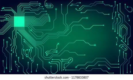 Background with glowing microcircuits and a processor, abstract technological background, motherboard