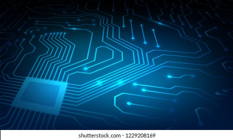 Background with glowing microcircuits and a processor, abstract blue technological background, motherboard