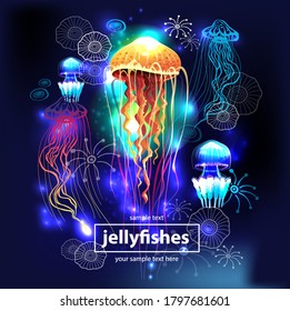 Background with Glowing vivid jellyfishes 