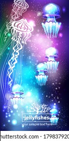 Background with Glowing vivid jellyfishes 