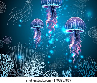 Background with Glowing vivid jellyfishes 