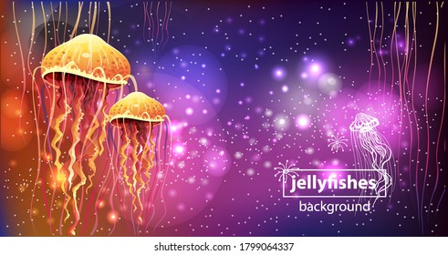 Background with Glowing vivid jellyfishes 