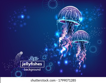 Background with Glowing vivid jellyfishes 