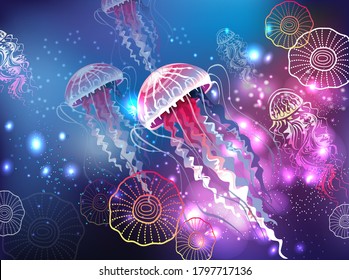 Background with Glowing vivid transparent jellyfishes 