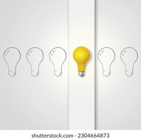 Background with glowing yellow 3d new idea light bulb and outline light bulbs.