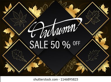 background gold Autumn text 50, Banner Sale premium black gold