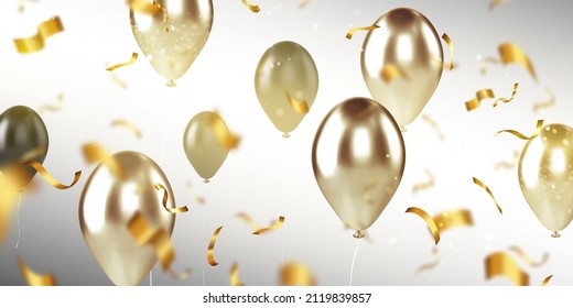 Background with gold balloons and confetti, birthday or anniversary party celebration, foil helium balloons on blur backdrop. Template for invitation, wallpaper design Realistic 3d vector illustration