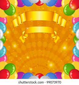 Background with gold beams, frame of various color balloons and banners, eps10, contains transparencies. Vector