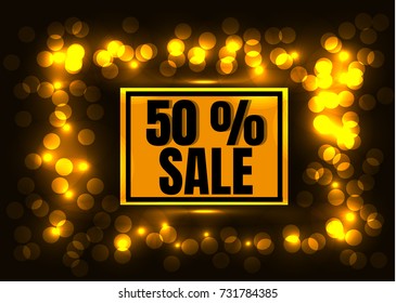 Background with gold bokeh glitter light effect Fifty Percent Sale typography.Background for use - Sale sign, flyer, poster, shopping.