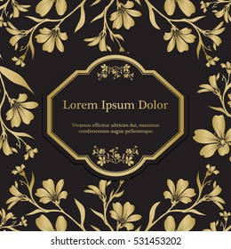 Background with gold chickweed (tomentosum) graphic flowers. For wedding invitation, book cover or flyer
