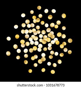 Background with Gold Confetti Isolated on Black Festive Pattern with Sparkles for Christmas and New Year Decoration, Birthday Invitation, Poster or Greeting Card. Wreath of Gold Confetti.
