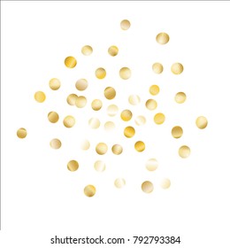 Background with Gold Confetti Isolated on White. Festive Pattern with Tinsels for Christmas and New Year Decoration, Birthday Invitation, Poster or Greeting Card. Wreath of Gold Confetti.
