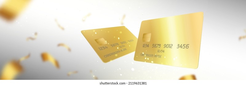 Background with gold credit cards and confetti flying on defocused backdrop. Golden Vip bank client financial service, congratulations, business presentation, ads Realistic 3d vector template design