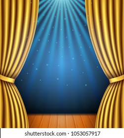 Background with a gold curtain and a spotlight. vector illustration