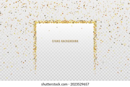Fondo de estrellas de caída dorada sobre un marco para texto. Ilustración vectorial.