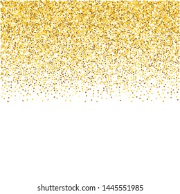 Background with gold glitter confetti. Faling gold dust. Glitter border. Background for invitations, posters, christmas, new year and birthday cards. Vector Illustration.