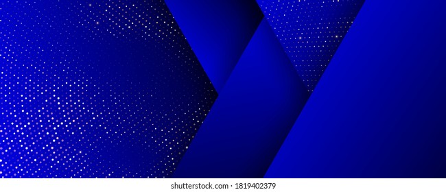 Background, Gold Glitter Halftone On Geometric Abstract Pattern, Vector. Royal Blue Black Triangles Background With Glittery Shine Of Golden Confetti Dots Splatter Spray, 3d Effect Background