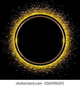 Fondo con anillo de lustre dorado sobre polvo brillante dorado negro, brillante y brillante ilustración vectorial.