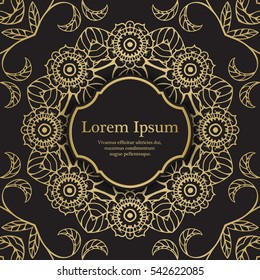 Background with gold graphic florals. For wedding invitation, book cover or flyer
