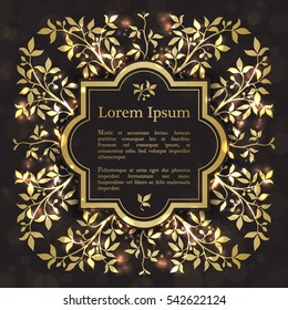 Background with gold graphic florals. For wedding invitation, book cover or flyer