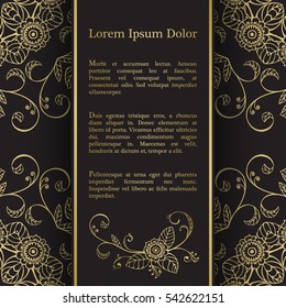 Background with gold graphic florals. For wedding invitation, book cover or flyer
