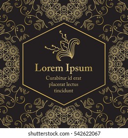 Background with gold graphic flowers. For wedding invitation, book cover or flyer