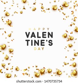 Background with gold hearts and round beads strewn with golden confetti