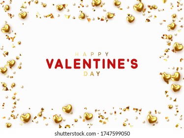Background with gold hearts and round beads strewn with golden confetti. vector illustration