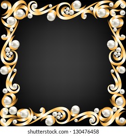 Background with gold jewelry frame and pearls