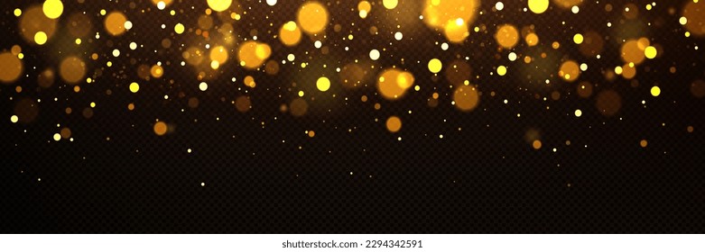 Background of gold light bokeh with blur effect and sparkles. Abstract overlay texture of glitter, blurry shine isolated on transparent background, vector realistic illustration