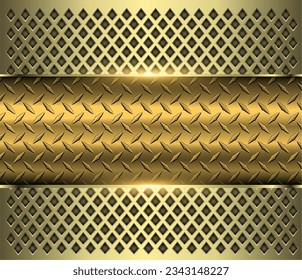 Background gold metallic, 3d chrome vector design with diamond plate sheet metal texture.