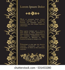 Background with gold myosotis (forget-me-not) graphic flowers. For wedding invitation, book cover or flyer