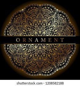 Background with gold ornament mandala in gold color. Round arabesque design element. Template for wedding invitation, book cover or flyer