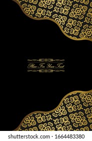 Background with a gold ornament on a black background. In the middle - a platform for placing text. Background, template, greeting card, invitation, banner. Version 3. Vector illustration