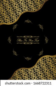 Background with a gold ornament on a black background. In the middle - a platform for placing text. Background, template, greeting card, invitation, banner. Version 10. Vector illustration