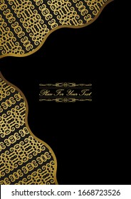 Background with a gold ornament on a black background. In the middle - a platform for placing text. Background, template, greeting card, invitation, banner. Version 5. Vector illustration
