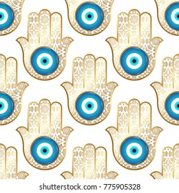 Background with Gold ornate  hamsa, obereg against the evil eye and spoilage. Vector seamless pattern.