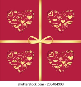 Background with gold pattern and ribbon for Valentine's Day