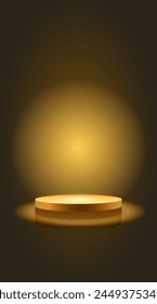 Background with gold podium. Golden stage on backdrop stars spotlight effect and dark sky space. Vertical vector illustration.
