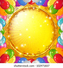 Background with gold round desk and various colorful balloons. Vector eps10, contains transparencies