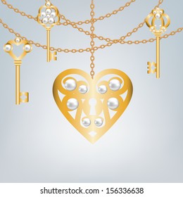 Background with gold skeleton key and lock shaped heart